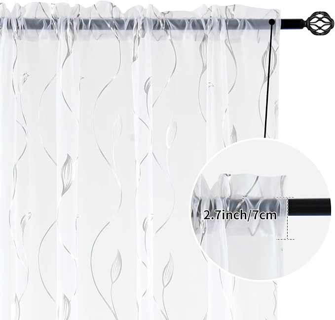 Silver Foil Print Sheer Curtains 84 inches Long, 2 Panels Ginkgo Bronzing Treatment Sheer Curtain, Rod Pocket Window Treatment Panels for Bedroom Living Room