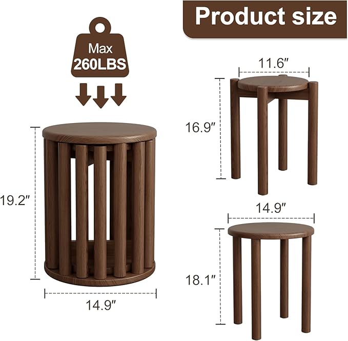 Stackable Stools Set of 4, Wooden Stools 18 Inch Stool Nesting Side Tables Nesting Coffee Table Sturdy and Durable, No Installation Required,Top Stackable Round Stool for Saving space(Walnut Barstool)