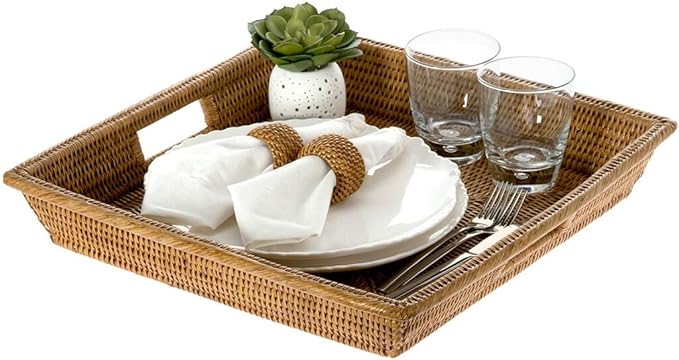 KOUBOO La Jolla Rattan Square Serving Baskets & Trays -Table Tray, Organize Your Home, Storage Tray for Kitchen, Dining & Coffee Tables, Honey Brown, 17.5" x 17.5" x 2.75"