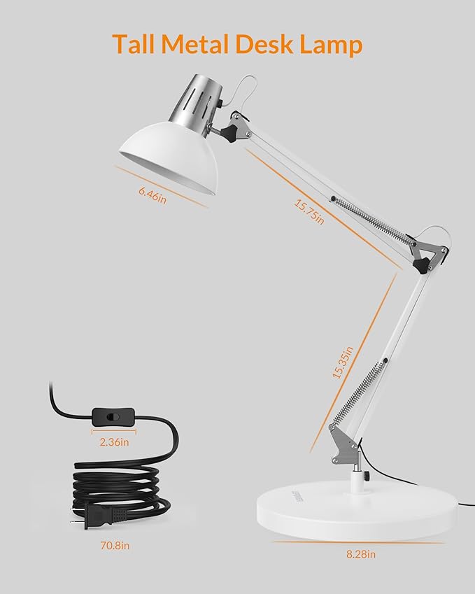LEPOWER Metal Desk Lamp, Adjustable Goose Neck Architect Table Lamp with On/Off Switch, Swing Arm Desk Lamp with Clamp, Eye-Caring Reading Lamp for Bedroom, Study Room &Office (White)