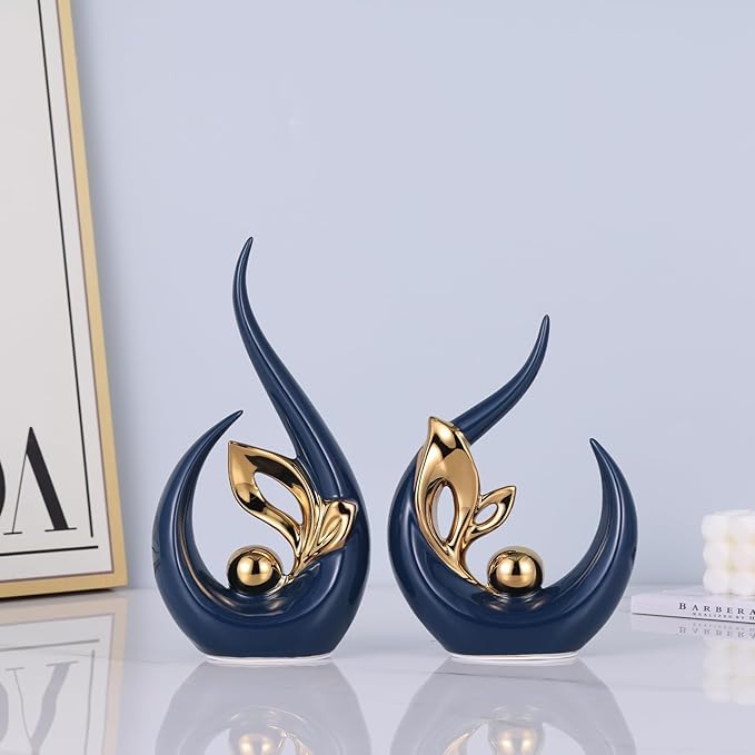 9.4" H Blue Gold Abstract Sculptures Home Decor, Ceramic Art Statue Cool Stuff to Put on Shelves&tv Stand Decor, Gold Accent Entertainment Center, for Fireplace Coffee Table Dining Table Decorate