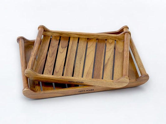 Vesta Homes Set of 2 Romper Teak Wood Rectangular Serving Tray for Home/Kitchen/Restaurant/Office Organizer/Dining Table|Premium Wooden Trays| 18 X 12 ; 15 x 10 inches | Handcrafted in India
