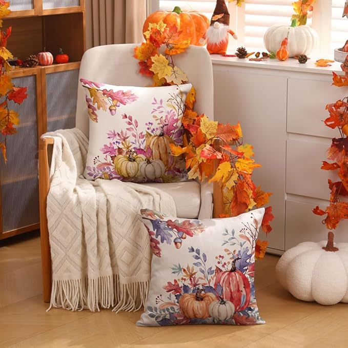 DFXSZ Fall Pillow Covers 18x18 inch Set of 2 Red Orange Pumpkin Fallen Leaves Decorative Outdoor Throw PillowCovers Autumn Thanksgiving Farmhouse Decoration for Home Couch TH27-P18