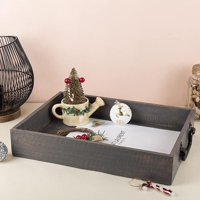 GoCraft Handmade Wooden Tray with Metal Handles – 15" x 11" x 2.5" Decorative Serving Tray in Grey Washed Finish – Versatile Tray for Breakfast in Bed, Lunch, Dinner, Appetizers, Coffee Table