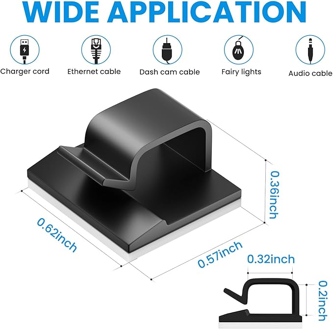 30 Pcs Small Black Adhesive Cable Clips for Cord Management Under Desk Nightstand Phone PC Charger Plug Speaker TV Cord Holder Keeper Hook Wall Wire Organizer Car Dash Cam Ethernet Christmas Light