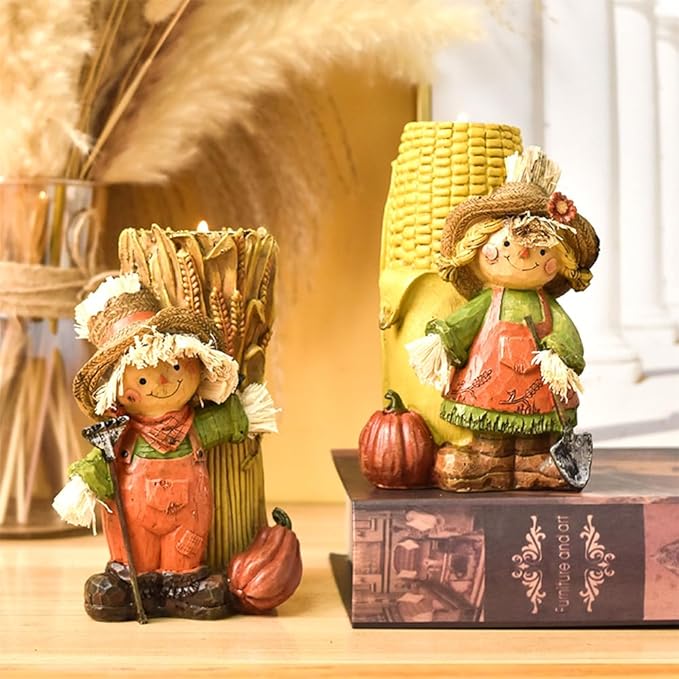 Handcrafted Thanksgiving Scarecrow Figurines, Fall Harvest Tabletop Decorations with Candle Holder, Autumn Resin Decor for Home, Porch, or Garden (Girl)