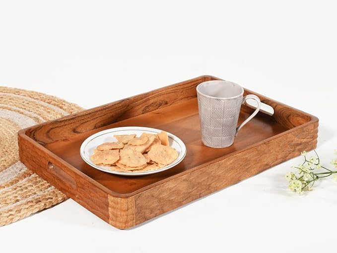 Vesta Homes Acacia Wood Serving Tray for Home/Kitchen/Restaurant/Office Organizer/Dining Table | Premium Serving Trays | 18 x 12 x 2.25 Inches | Handcarved in India