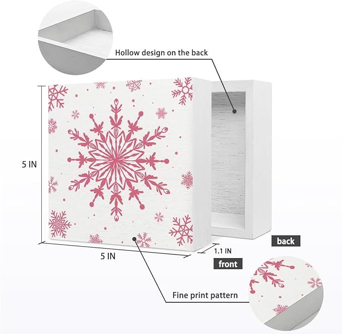 EIONEY Pink Snowflake Wood Box Sign,Christmas Decorations,Winter Christmas Desk Accessories Decor Wooden Block Signs,Seasonal Winter Holiday for Home Bedroom Living Room Office Decor,5x5 Inch