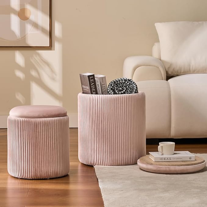 Round Set of 2 Ottoman with Storage-Upholstered Velvet Vanity Stool for Makeup Multifunctional Ottomans Coffee Table Padded Seat Foot Rest for Living Room&Bedroom (Pink)