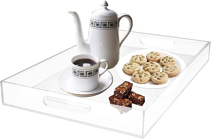 Durable Rectangular Breakfast Serving Tray - 5MM Thick Waterproof Acrylic Serving Platter with Handles for Coffee, Tea, Food - Elegant Decorative Tray (Clear Tray-16''x12'')