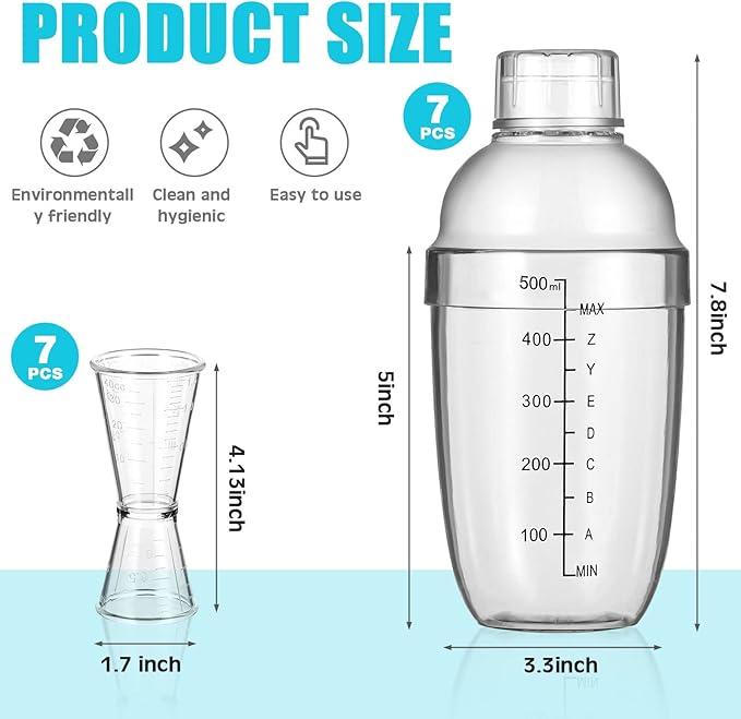 7 Pcs Plastic Cocktail Shaker Set Drink Mixer with Mark Clear Drink Cocktail Shaker and Measuring Jigger Set Ounce Cup Clear for Bar Party Home Use Wine Bar(17oz)