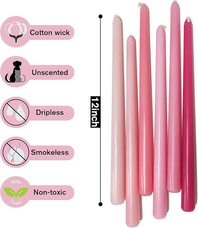 12 Inch Taper Candles 6 Pcs Unscented, Smokeless, Dripless Long Tapered Candlesticks Candles for Christmas Birthday Dinner Wedding Party Home Decor
