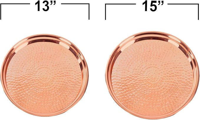 2-Pack Copper Tray - Large 15" Round, Medium 13" Round - Rose Gold Decorative Serving Tray