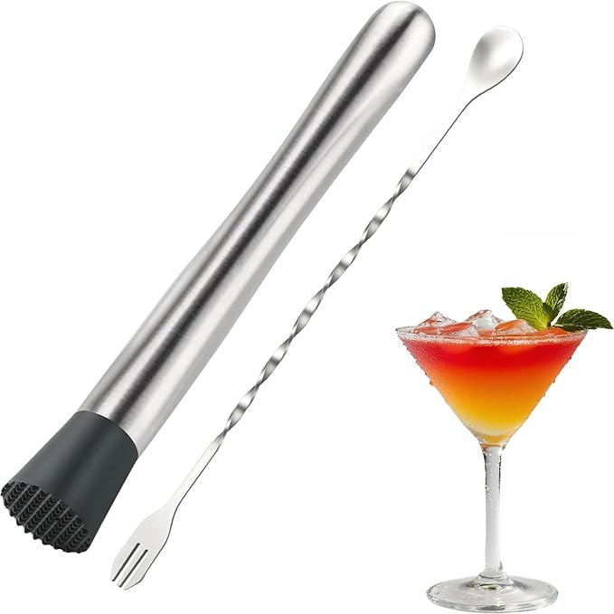 2Pcs 10'' Muddler and Spoon Set for Cocktails 304 Stainless Steel Fruit Smasher Home Bar Bartender Accessories Stirrers Mixing Tools for Mojitos Drinks Lemonade Stand Supplies