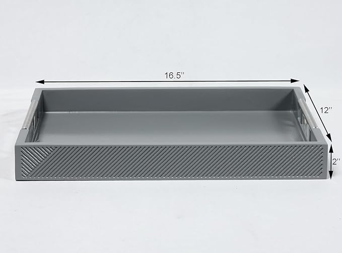 Serving Tray with Polished Metal Handles, 16.5''x12'' Rectangle Coffee Table Tray, Modern Decorative Tray, Large Ottoman Tray, Perfect for Storage and Display (Grey)