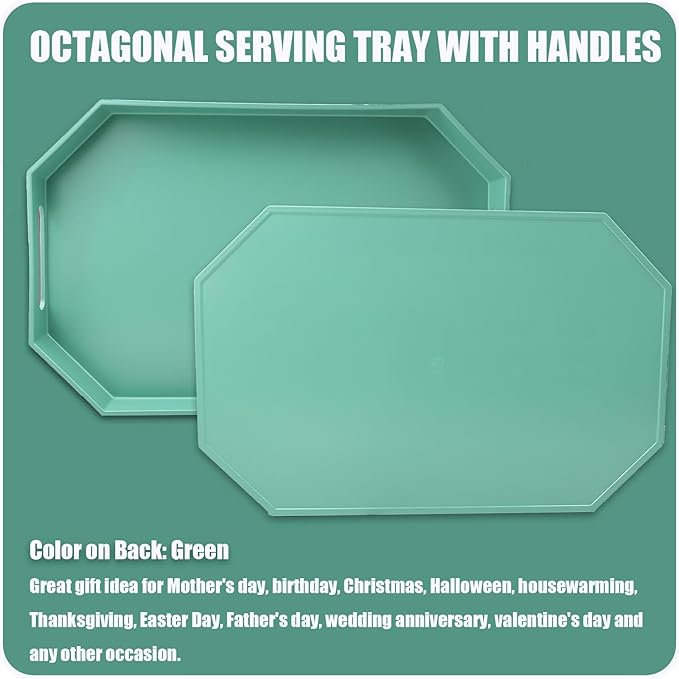 Green Octagonal Serving Tray with Handles for Coffee Table, Plastic Decorative Tray for Ottoman, Kitchen Counter, Living Room, Outdoor Lacquer Tray for Entertaining