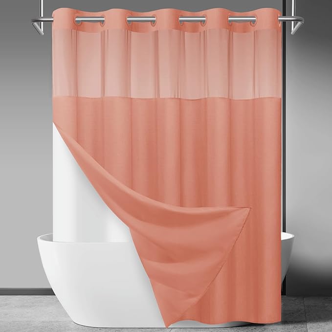 No Hook Slub Textured Shower Curtain with Snap in Liner - Coral Fabric Outer Curtain & Waterproof Inner Liner, Hotel Style with See Through Top Window, 71x74 in