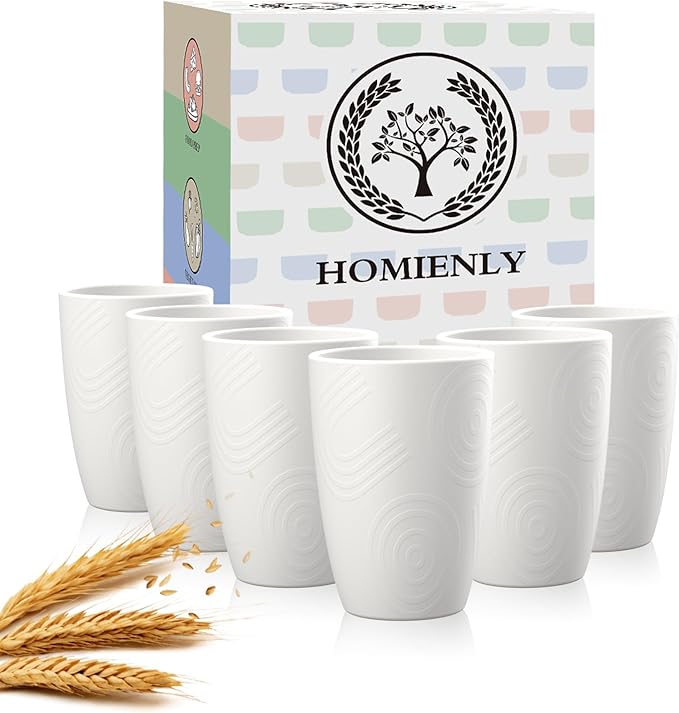 Homienly Drinking Cups 12 OZ Wheat Straw Cup Sets of 6 Reusable Water Drinking Glasses Dishwasher Safe Water Glasses Lightweight Tumbler for Kitchen - White