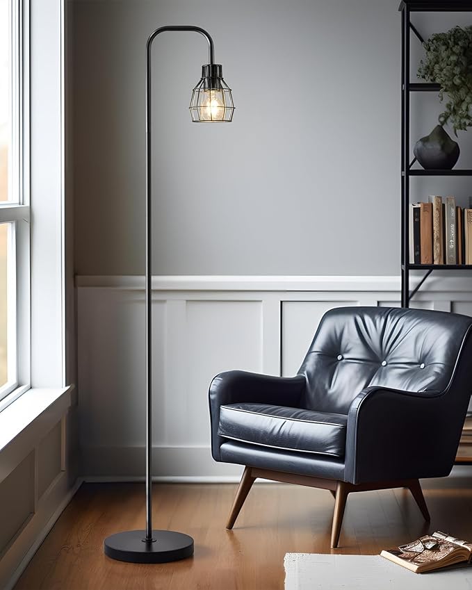 Oneach 63.75" Industrial Floor Lamp Modern Black Floor Lamp with Footswitch Metal Reading Tall Pole Light with 4W LED Bulb Standing Tall Lamp for Living Room Bedroom Office E26 Base