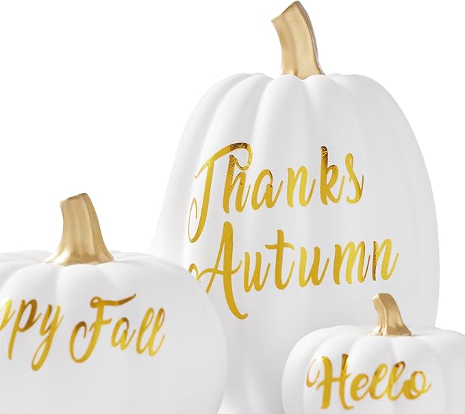 DN DECONATION 3Pcs Fall Pumpkin Decorations for Home, Faux White and Gold Words Pumpkin, Decorative Resin Pumpkins Figurines for Minimalist Modern Farmhouse Autumn Thanksgiving Fall Table Mantel Decor