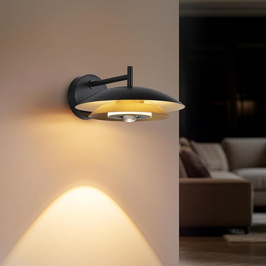 Tubicen Dual-Shade LED Wall Sconce Black and Gold Round Dimmable Sconces Wall Lighting Dual-Lighting 12W Modern Industrial LED Wall Lights for Living Room Bedroom Hardwired