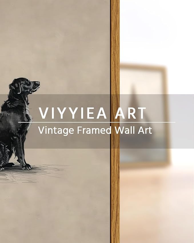 VIYYIEA Vintage Framed Black Dog Wall Art, Bedroom Living Room Minimalist Animal Art Decor, Antique Dog Canvas Print Paintings, Home Farmhouse Retro Still Life Decor, 12x16 Inch