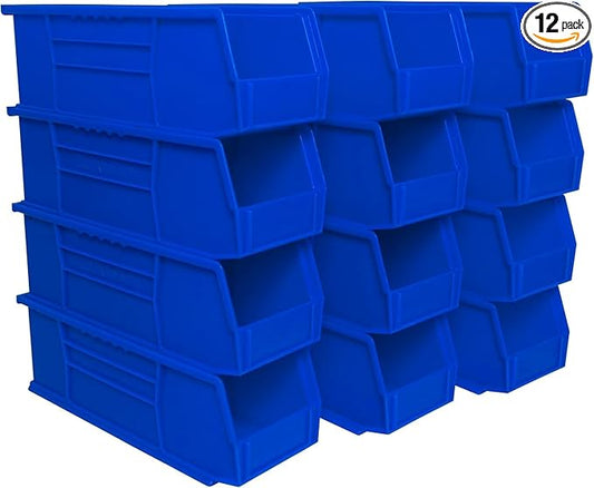 Akro-Mils 30234 AkroBins Plastic Storage Bins, Space-Saving Stackable Bins for Garage, Pantry, Craft Organization, 15" x 5" x 5", Blue, 12-Pack