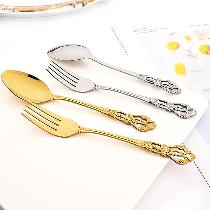 Elegant Gold Silverware Set with Steak Knives 30 Piece Flatware Sets for 6 Tableware Utensils, 18/10 Stainless Steel Cutlery Set Include Knifes Forks Spoons, Mirror Polished, Dishwasher Safe