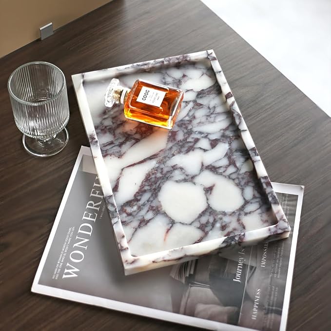 Real Luxurious Natural Marble Vanity Tray Genuine Marble Storage Tray for Home Decor Stone Tray for Bathroom/Kitchen/Vanity/Dresser,Plate Holder for Tissues, Candles, Towel