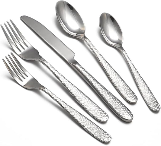 Hammered Silverware Set, 40 Piece Stainless Steel Heavy Duty Flatware Set for 8, Food-Grade Tableware Cutlery Set for Home Restaurant, Mirror Polished, Dishwasher Safe