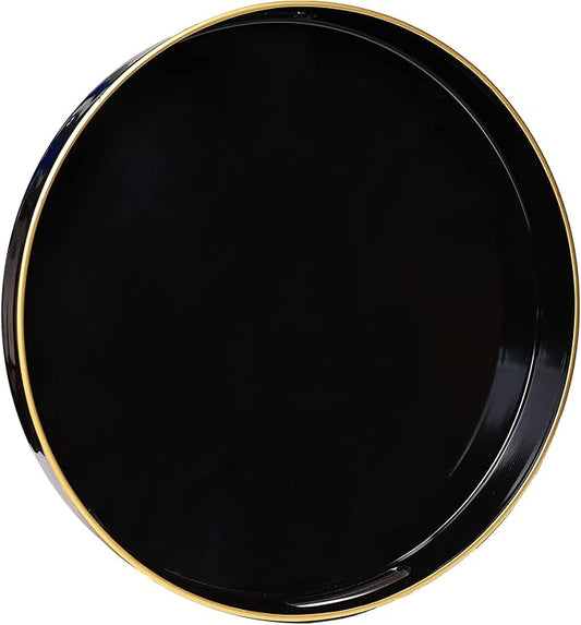 Spsyrine Round Black Decorative Tray, 13" Plastic Serving Table Tray with Handles for Breakfast, Round Modern Ottoman Tray for Coffee Table, Bathroom, Kitchen, Living Room