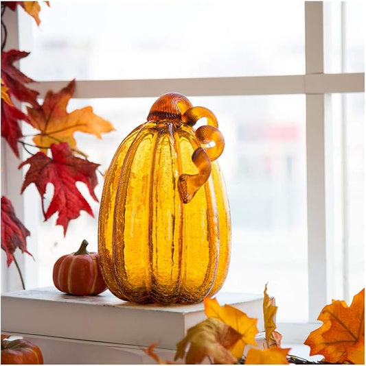 Glitzhome 9.06" Amber Hand Blown Crackle Glass Pumpkin for Fall Harvest Thanksgiving Halloween Decoration