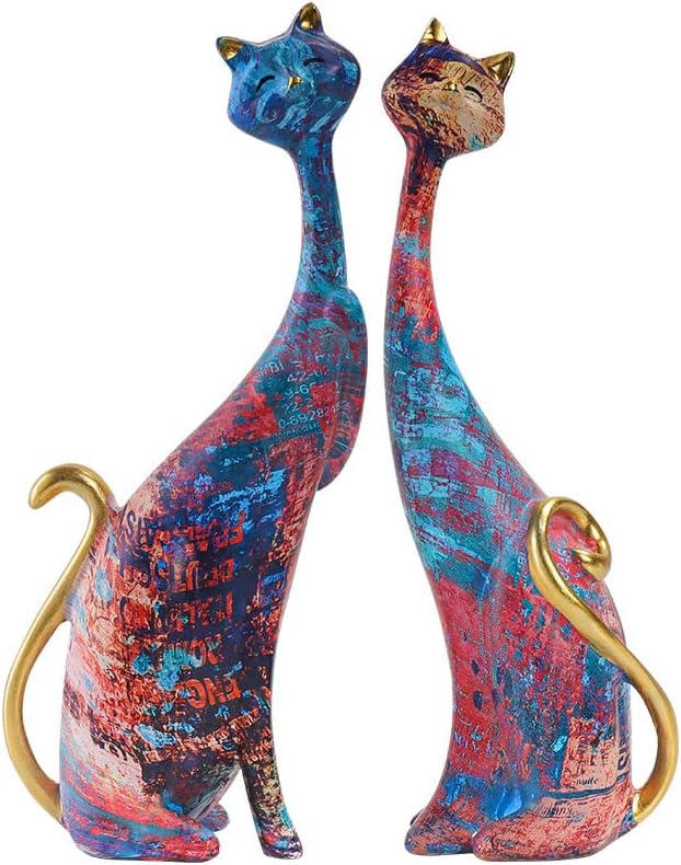 Cat Decor cat Lovers Birthday Gifts for Women Oil Painting Resin cat Art Decorative Sculptures Colorful Cat Statue Home Decor 9.84in 2 pcs
