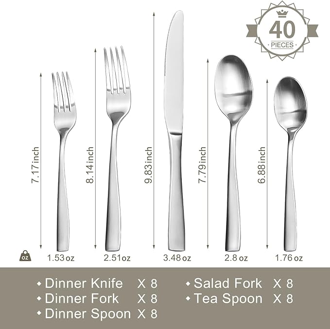 HIKAA 40-Piece Silverware Set for 8, Heavy Duty Stainless Steel Flatware Cutlery Set For Home Kitchen Restaurant Hotel, Kitchen Utensils Set, Matte Satin, Dishwasher Safe