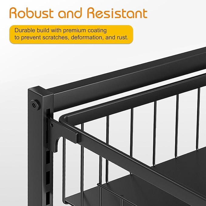 Kitchen Utility Cart with Wooden Top and 3 Adjustable Baskets - Height-Adjustable Rolling Storage Organizer with Locking Wheels for Pantry, Fruits, Vegetables, Snacks