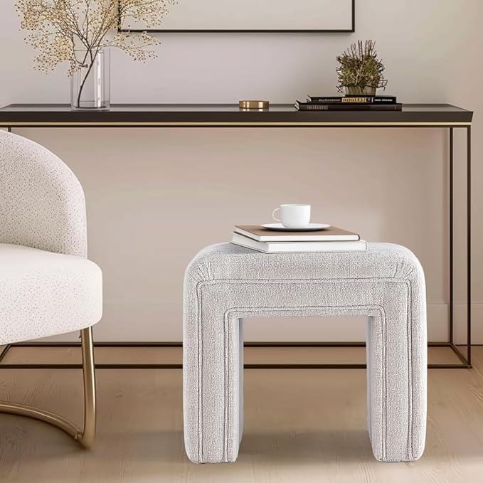 Get Set Style Vanity Stool Chair,Modern Ottoman Foot Stool with Wooden Legs Sofa Bench Footstool Extra Seat for Vanity,Makeup Room,Living Room,Entryway,Office (Fully Assembled)