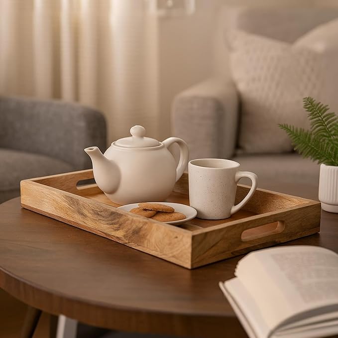 Mela Artisans Wooden Serving Tray Set of 2 with Handles | Mango Wood Ottoman Trays 15x10x1.75 & 13x9x1.75 | Decorative | Snack | Dessert | Bread | Coffee Table | Bedroom | Rectangular Edge Design