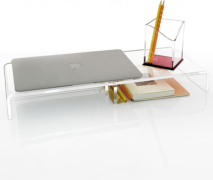 20" Crystal Clear Acrylic Monitor Stand Riser - Fits iMac/Printer/TV, Ergonomic 3" Elevation w/Hidden Keyboard Storage, Sleek Desk Organizer for Home Office