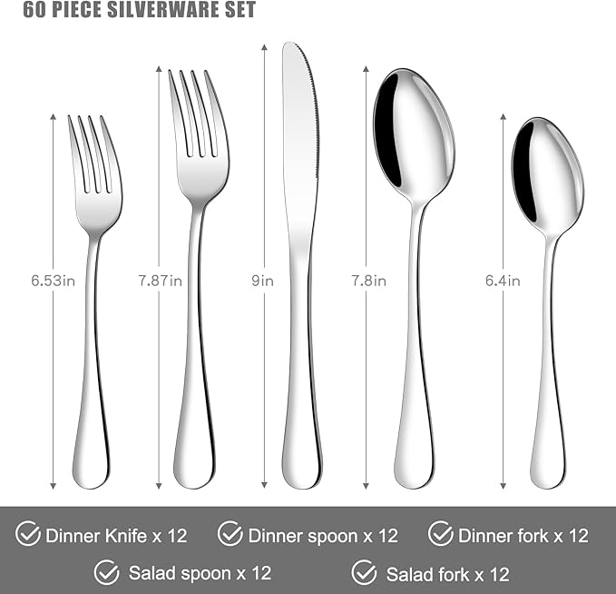 60 Piece Silverware Set for 12, Stainless Steel Flatware Set Tableware Set Inculde Forks Knives Spoons, Mirror Polished Cutlery Set for Home Kitchen and Restaurant Party, Dishwasher Safe