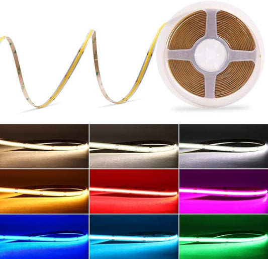 12V Blue COB LED Strip Light 8mm Wide 480LEDs/m 16.4FT/ 5M CRI>90 Flexible Cuttable LED Ribbon Tape for House Bedroom Car Indoor Decor Lighting (DC12V, Without Power Supply)