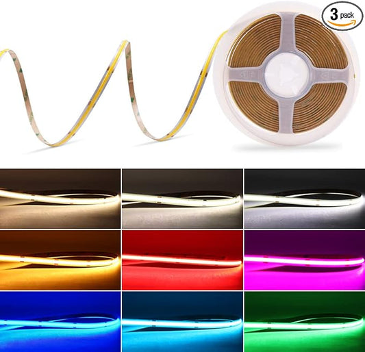 8mm Wide Ice Blue COB LED Strip Light DC 12V Flexible 480LEDs/m 16.4FT/5M CRI>90 Ribbon LED Lights for Bar Party Car House Bedroom Nightclub Decor (DC12V, Without Power Supply)