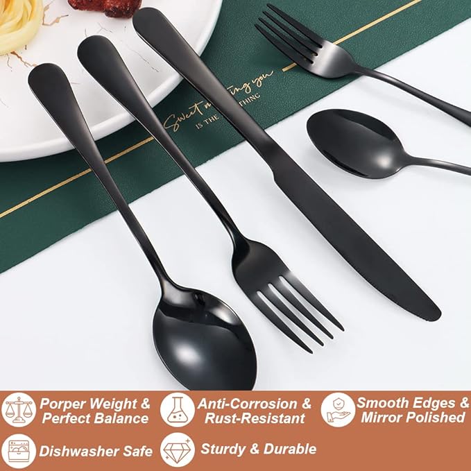 Lazycorner 50 Pcs Black Silverware Set for 10, Mirror Polished Flatware Set Stainless Steel Fork Knife Spoon, Food Grade Eating Utensils Sets, Reusable Silverwear Cutlery Set, Dishwasher Safe