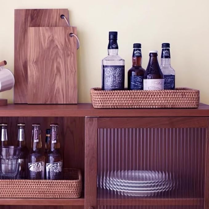 i-lan 17 Inch Oversize Handwoven Dark Brown Rattan Rectangular Serving Tray with Cutout Handles, 2.3” High Wall Decorative Woven Rattan Storage Baskets Organizer Platter for Bread, Fruits