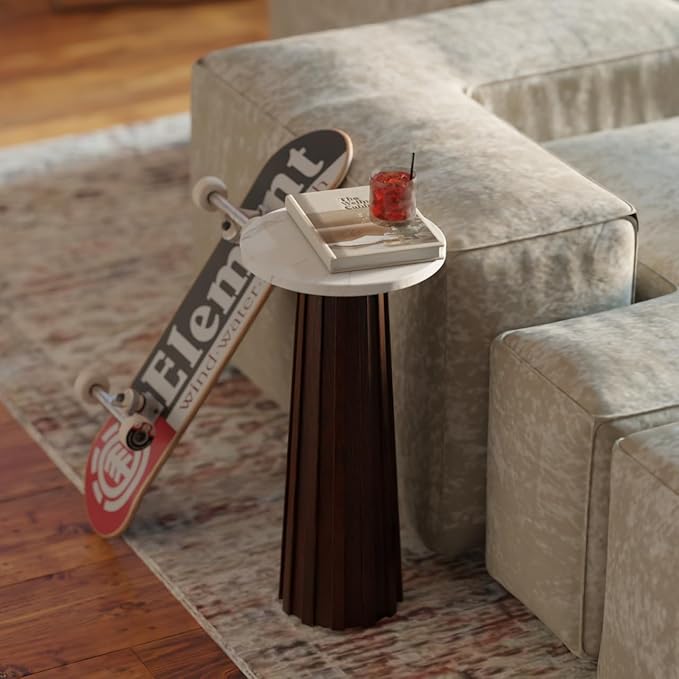 Relso Ma'gro Drink Table – Solid Mango Wood Fluted Base with Real White Marble Top | Farmhouse Accent Side Table for Boho Decor, Bedside, Entryway, Plant Stand, Night Stand & Small Living Spaces