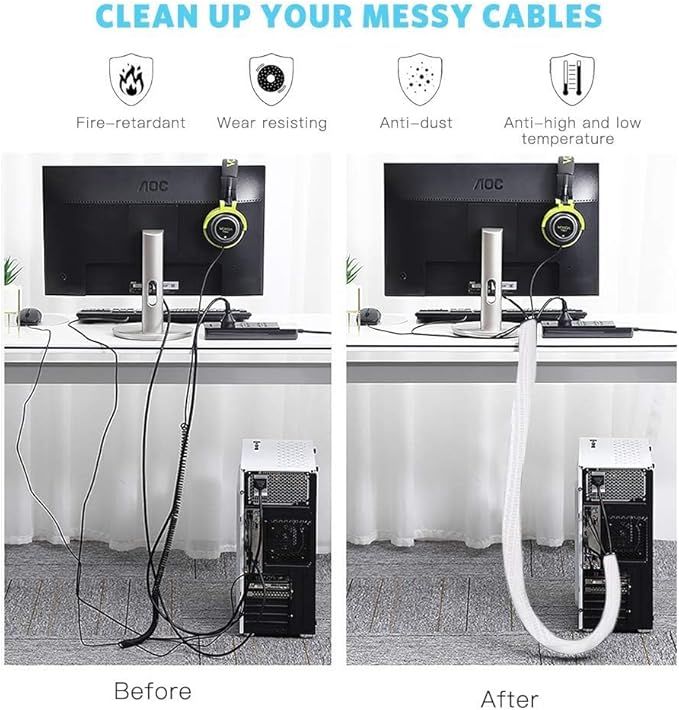 AGPTEK Cable Sleeve Cover, 6.6ft - 2/3 inch Desk Cord Organizer Cable Hider, Home Office Wire Management Computer TV Wire Loom Tubing, Pet Proof Cord Protector, from Cat Dog Chewing, White