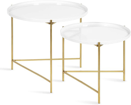 Kate and Laurel Ulani Modern Nesting Coffee Table, Set of 2, White and Gold, Glam Coffee Table Set for Storage and Display
