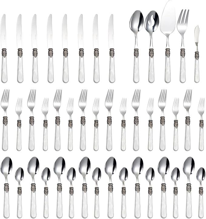 REVERIE Collection 18/10 Stainless Steel Vintage Flatware set,Sliverware set,Dishwasher safe (45, Pearl White)
