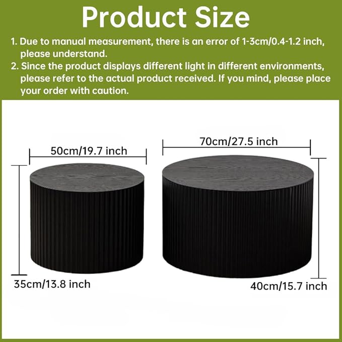 Round Nesting Coffee Table Set of 2 Small Round Coffee Tables for Living Room Modern Fluted Coffee Table Circular End Table Side Table for Small Spaces No Assembly (Black A, 27 in)