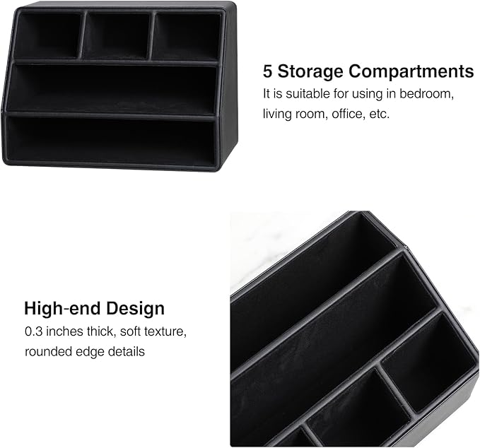 PU Leather Desk Organizer, Luxury Remote Control Holder for Home, Office Desk Accessories Table Caddy Bedside Nightstand Organizer (Black)