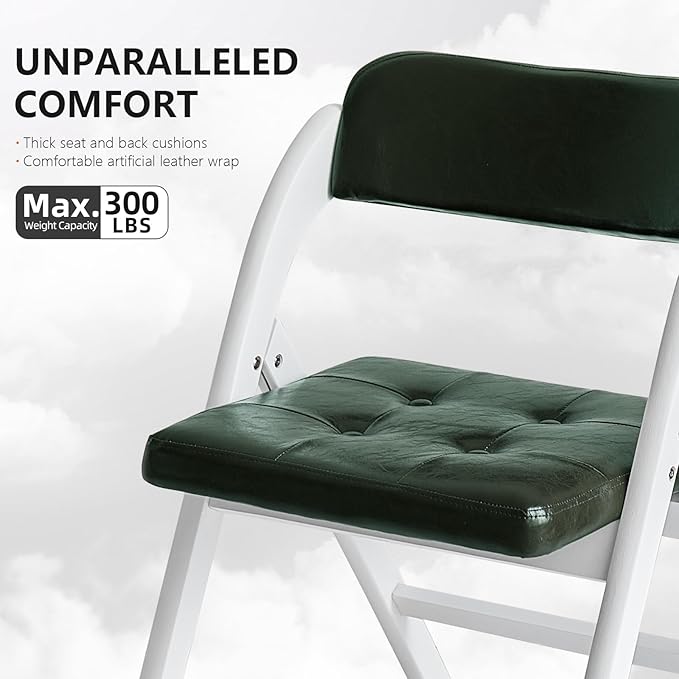 Padded Folding Chairs with Cushion, Stackable Wooden Foldable Chair Set of 2, Padded Folding Chairs with Cushion for Guests Kitchen, Office, Wedding, Picnic, Party Chair (White Green)